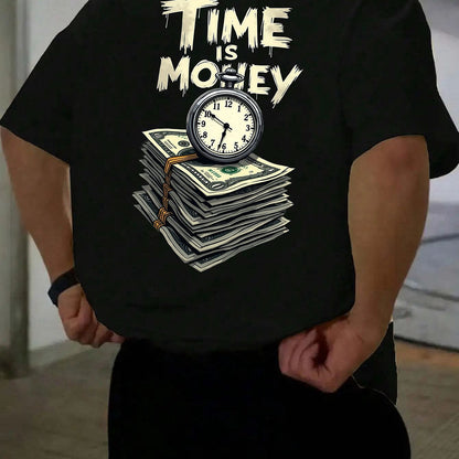 Men'S Casual Short Sleeve T-Shirt with "Time is Money" Clock & Stack of Cash Graphic - Lightweight Polyester, Loose Fit, Round Neck, Perfect for Spring & Summer Outdoor Wear, Relaxed Fit Shirt | Bold Graphic Tee | Glossy Text