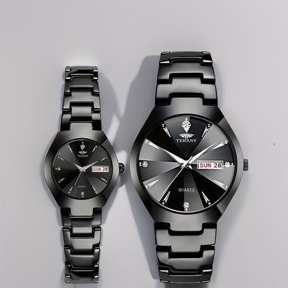 2pcs Couple Watches for Men & Women - Stainless Steel Strap, Rhinestone Accents, Luminous HD Display with Week Calendar, Quartz Movement, Elegant Gift for Valentine's Day, Mother's Day, Father's Day, Special Occasion Watch |