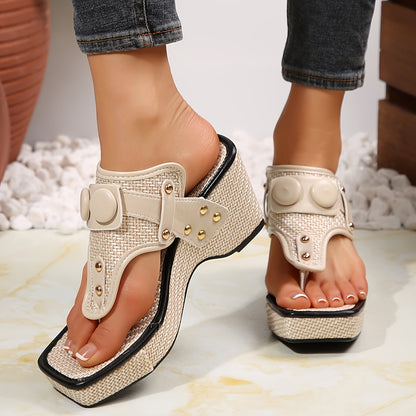 Women's Thick Platform Wedge Sandals with Metallic Studs - Slip-On Square Toe Breathable Fabric Upper & Cushioned Rubber Sole for Casual Comfort, Comfortable Footwear, Chic Shoe Design, Durable Traction Footwear