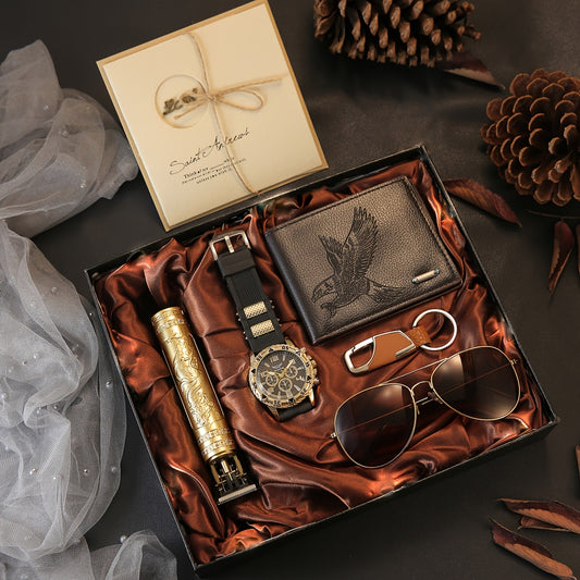 A Luxurious Set of 6pcs for Men Including Stylish Watches, a Hair Clipper, Wallet, Glasses, Keychain, And Greeting Card, Perfect for Parties And Holiday Gifts.