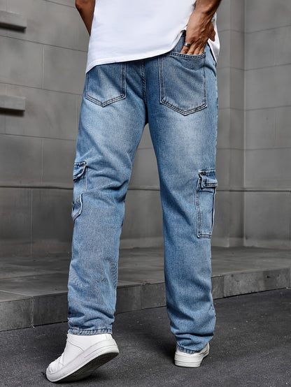 Men's Classic Blue Denim Jeans - 80%, Regular Fit, Machine Washable, Solid Color, All-Season Casual Wear, Comfortable Denim | Relaxed Fit Jeans | Textured Denim Pants