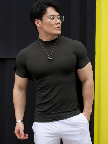 Men'S White Short Sleeve T-Shirt - Stretchy, Moisture-Wicking, Round Neck, Casual Fitness Wear for Summer, Sporty Style, Sportswear Tee | Sporty Neckline | Stretchy Fabric