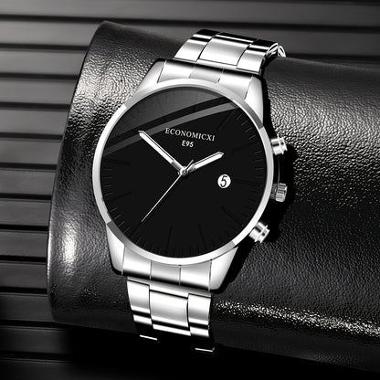 1pc Men's Quartz Watch - Cool & Handsome Retro Business Style with Black Dial, Roman Numerals, Date Window & Minimalist Design - Perfect Gift for Father's Day, Birthdays, Eid Al Adha (Durable Metal/ Strap), Special Occasion W