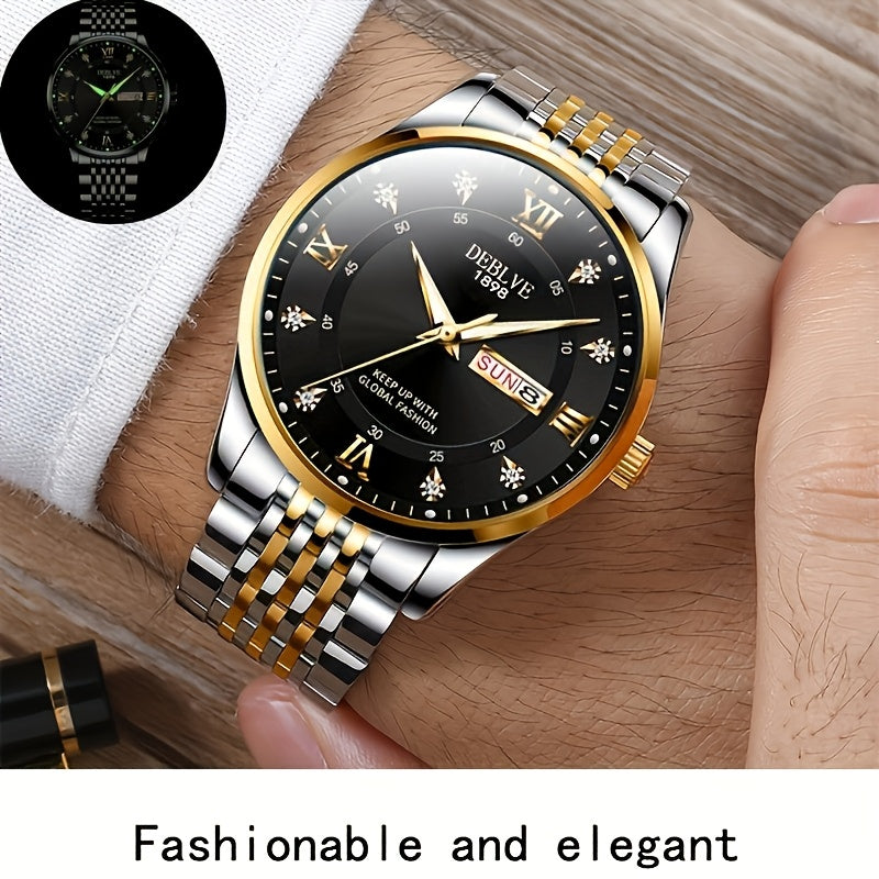 1pc Men'S Business Style Roman Dial Quartz Watch with Luminous Date and Day Display, Stainless Steel Alloy Strap, IPX7 Waterproof, Battery Operated, Elegant Fashion Accessory + Box