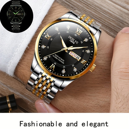 1pc Men'S Business Style Roman Dial Quartz Watch with Luminous Date and Day Display, Stainless Steel Alloy Strap, IPX7 Waterproof, Battery Operated, Elegant Fashion Accessory + Box