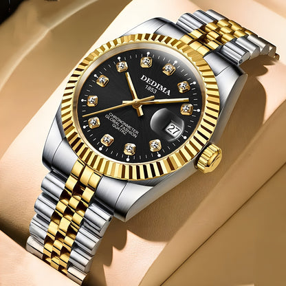 DEDIMA Elegant Stainless Steel Band Calendar Watch, Quartz Movement, Round Dial with Rhinestones, Battery-Powered, Non-Rechargeable Button Battery, Regular Cleaning, for Men, Women, Students, Christmas, Valentine'S Day, Thank