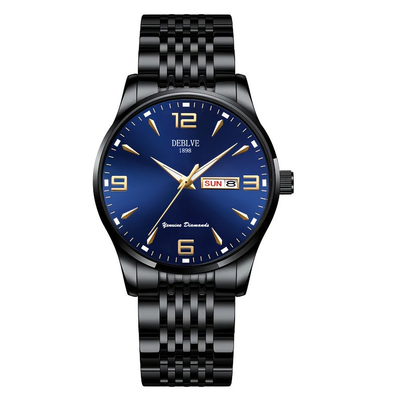 DEBLVE Men's Sleek Business Watch - Ultra-Thin Alloy, Luminous Hands, Calendar & Week Display, Waterproof, Sporty Steel Strap with Secure Clasp