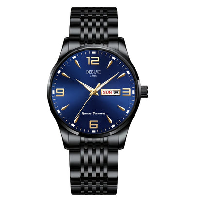 DEBLVE Men's Sleek Business Watch - Ultra-Thin Alloy, Luminous Hands, Calendar & Week Display, Waterproof, Sporty Steel Strap with Secure Clasp