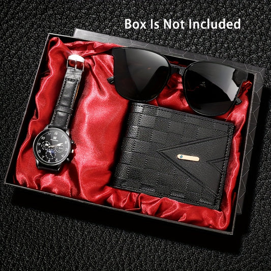 Stylish Men's 3pcs Set: Quartz Watch, Glasses & Wallet - Faux Leather Strap, Alloy Case, Digital Dial - Perfect for Gifts & Casual Attire