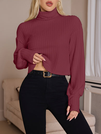 Women'S High Neck Knit Turtleneck T-Shirt, Solid Color Polyester 95% Spandex 5% Blend, Short Length, Fall/Winter Collection, 210g/m² Knit Fabric