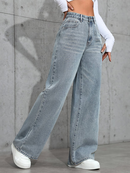 Women's Fashion Wide Leg Jeans, Casual High-Waisted Denim Pants with Pockets, All-Season Solid Color, Comfortable Slimming Design, 54.10% 35.10% Polyester 9.50% Viscose 1.30% Elastane