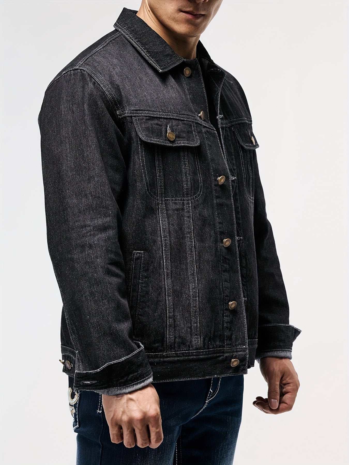 Men's Stylish Denim Jacket - Casual Long Sleeve with Flap Pockets, Machine Washable