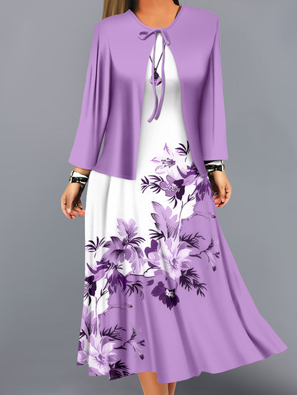 Fashion Women's solid color small cardigan and floral print patchwork dress two-piece set