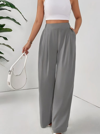 Women'S Stylish Gray Wide Leg Pants with Elastic Waistband and Double Pockets - Perfect for Office, Commuting, or Casual Wear