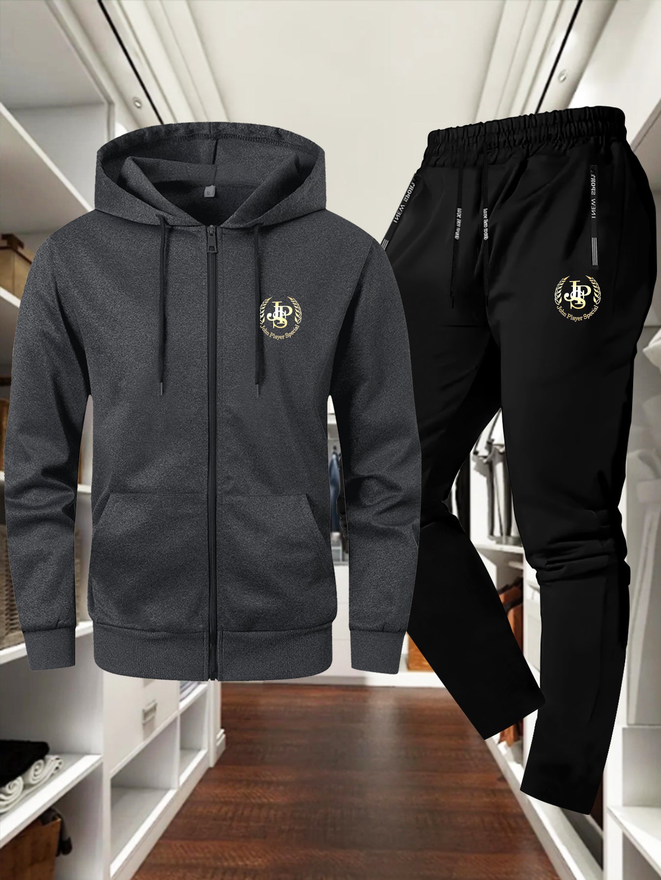 Men'S Trendy Autumn/Winter Jacket and Pants Set, JSP Print, Casual Young Sports Suit, Slim Fit, Long Sleeve, Zip-Up Hoodie with Pockets, Solid Color, Polyester, Casual Wear|JSP Print Jacket|Zippered Jacket, Autumn Clothin