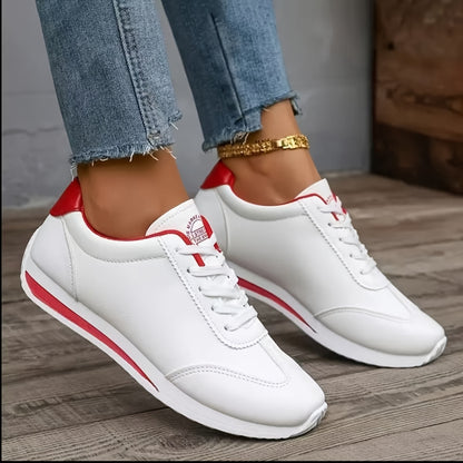 Women's Classic White Low-Top Sneakers - Lightweight Comfortable Lace-Up Shoes with Durable Rubber Sole & Breathable Fabric Lining, PU Synthetic Cover Upper, All-Season Versatile Casual Shoes for Casual Attire, Sleek Shoe Des