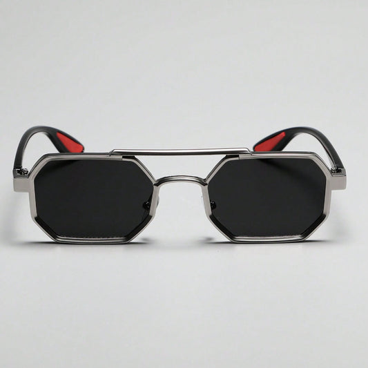 Unisex Geometric Metal Frame Fashion Glasses - Double Beam Design Decorative Eyewear for Everyday Casual Wear, Lightweight & Durable, Black Lenses, Stylish Accessory