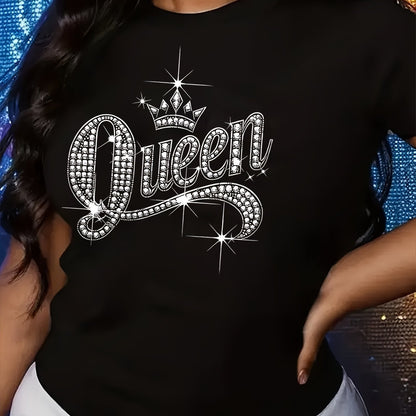 Sparkling Rhinestone Queen Crown Graphic Casual T-Shirt - Vibrant Orange Short Sleeve Round Neck Top with Medium Stretch, Machine Washable for Casual Attire & Parties, Cute T Shirts, Allseason Apparel, Party Wear, Mediumstret