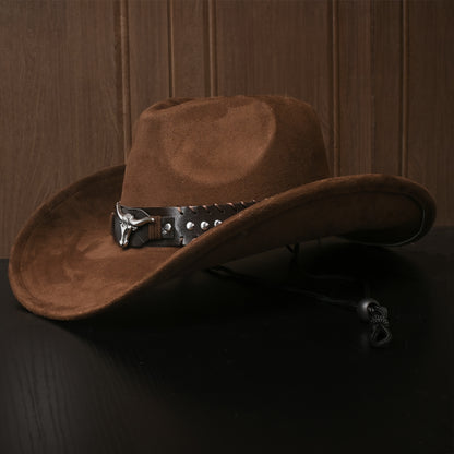 Western Cowboy Hats for Men And Women, Classic Faux Suede with Metal Studs And Bull Pattern, Lightweight Unisex Festival Occasion Hat, Woven Inelastic Polyester with Decorative Accessories, No Feather, Non-Washable
