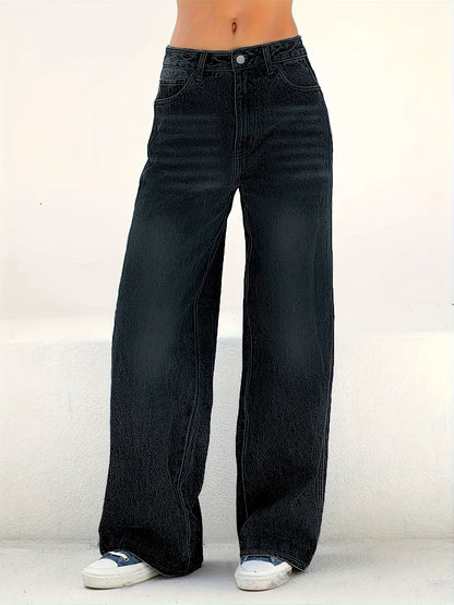 Women'S Elastic Mid -Waist Straight Jeans, Loose And Stylish Wide -Leg Casual Pants, Multi -Pocket Black Water Washing Jeans, Comfortable Version, Four Seasons Can Be Worn