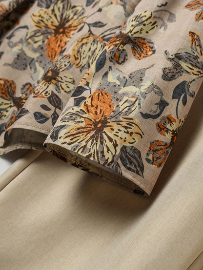 Women'S Elegant Floral Print Blouse & Beige Wide-Leg Pants - Perfect for Spring/Summer, Casual to Semi-Formal Attire, Casual Attire|Floral Print Top|Elegant Blouse