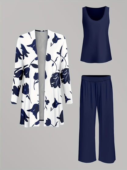 New Fashionable Elegant Simple Casual Women'S Printed Shirt Pants Jacket Set Three-Piece