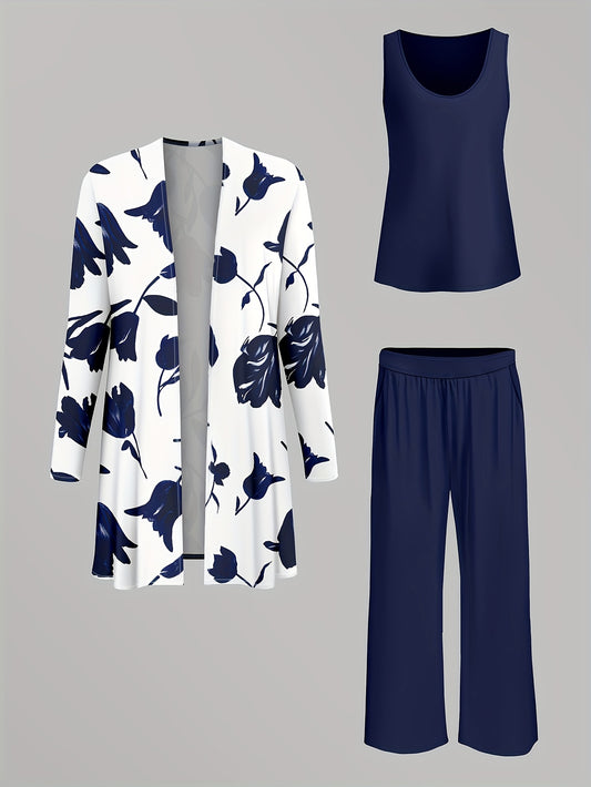 New Fashionable Elegant Simple Casual Women'S Printed Shirt Pants Jacket Set Three-Piece
