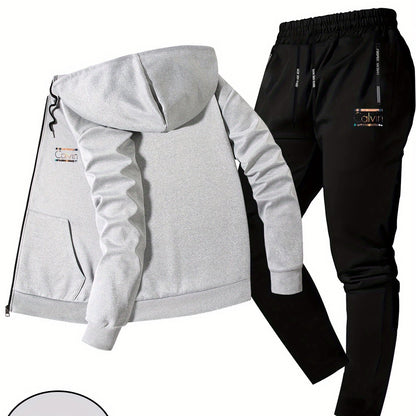 Men'S Trendy Fall/Winter Hooded Jacket Two-Piece Set Calvin Print, Casual Youth Casual Sports Jacket Set