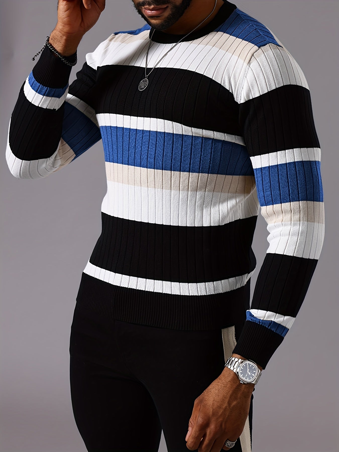Men's Striped Color-Block Ribbed Knit Sweater - Long Sleeve Round Neck Pullover with Elastic Comfort Fit, Machine Washable Casual Fall Winter Top in Black/White/Green/Beige, Knit Sweater, Medium Elasticity