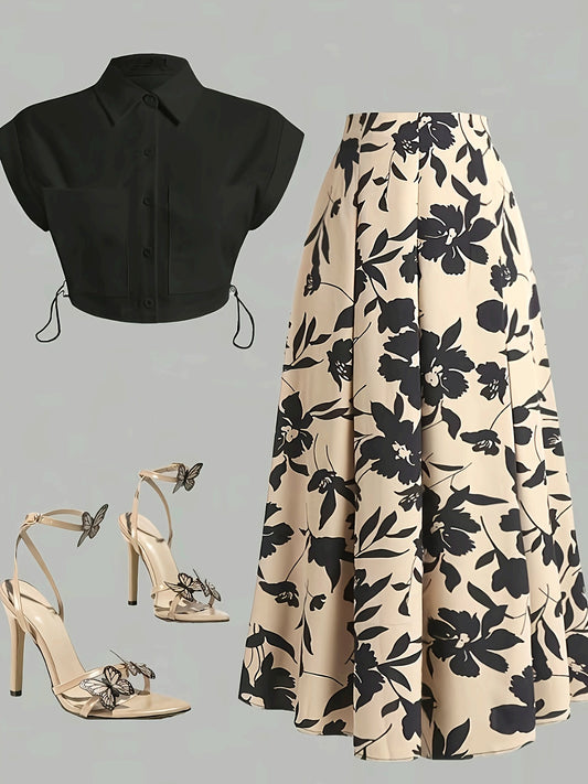 Women's Elegant Shirt and Midi Skirt Set