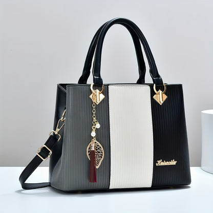 Elegant Red & Black Striped Handbag with Golden Accents - Adjustable Shoulder Strap, Zipper Closure, Polyester Lining, Stylish Mom & Everyday Bag, Everyday Handbag|Striped Pattern Tote|Durable Handle Tote