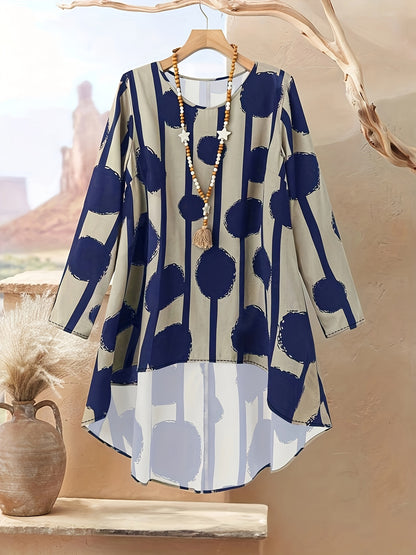 Plus Size, Women's Plus Size Printed Elegant Loose Long Sleeve Top and Pants Set