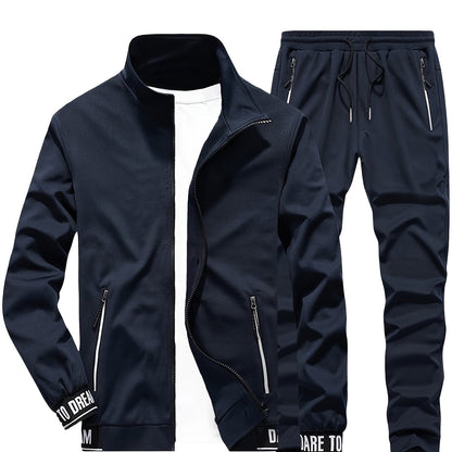 Men'S Casual Sportswear Set - Beige Zip-Up Jacket & Joggers with "DARE TO BE" Print, Long Sleeve, Pockets, and Drawstring Waist, Perfect for Running and Leisure Activities, Spring/Fall Collection, Spring Fall Attire | Zipup J