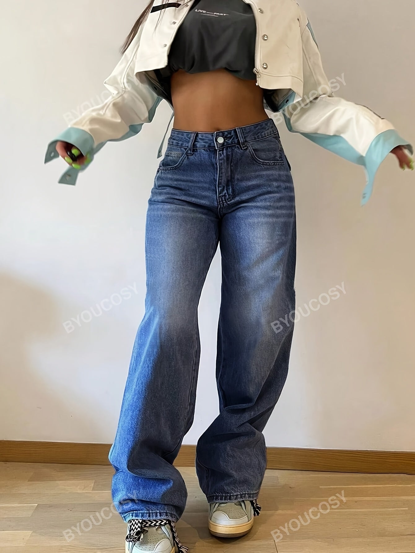 Women's Fashion Wide Leg Jeans, Casual High-Waisted Denim Pants with Pockets, All-Season Solid Color, Comfortable Slimming Design, 54.10% 35.10% Polyester 9.50% Viscose 1.30% Elastane