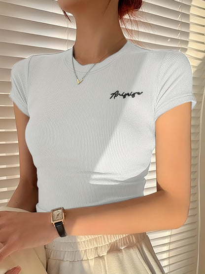 Women's Summer Slim Fit Short Sleeve T-Shirt - High Elasticity Breathable Fabric with Black Letter Embroidery, Versatile Casual & Office Wear, Elegant Collection, Cute Short Sleeve Tops, Everyday Comfort Tee, Slim Fit Tee, Sm