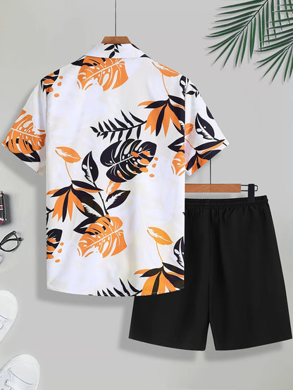 Men'S Tropical Palm Leaf Print Short Sleeve Shirt & Solid Black Shorts Set - Casual Summer Outfit with Drawstring Waist, Non-Stretch Fabric, Perfect for Beach or Vacation, Beach Attire | Tropical Print Shirt | Nonstretch Fabr