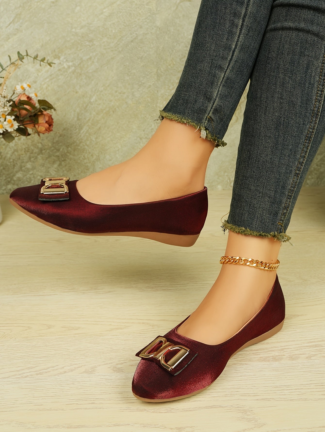 Women's Elegant Red Slip-On Flats with Golden Double Buckle Design - Comfortable Faux Cover Shoes for All Seasons, Pointed Toe Rubber Sole, Perfect for Casual or Dressy Occasions, Dressy Flats | Buckle Embellished Shoes | Lux