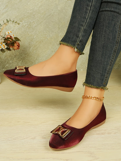 Women's Elegant Red Slip-On Flats with Golden Double Buckle Design - Comfortable Faux Cover Shoes for All Seasons, Pointed Toe Rubber Sole, Perfect for Casual or Dressy Occasions, Dressy Flats | Buckle Embellished Shoes | Lux