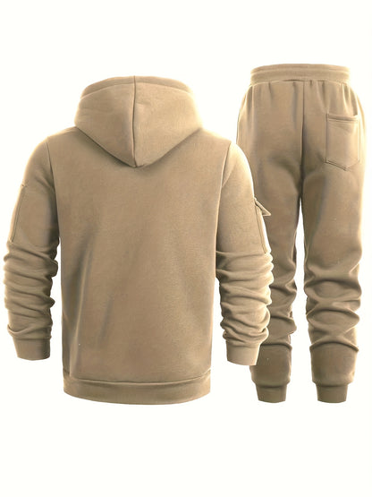 2pcs Men's Solid Color Hooded Long Sleeve Sweatshirt and Jogger Set, Suitable for Spring, Autumn, and Winter Sports Casual Outfit