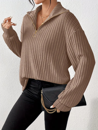 [Everyday Elegance] Women's Elegant Ribbed Knit Collared T-Shirt - Black, Long Sleeve, Zip-Up Design, Soft Polyester Blend, Machine Washable, Perfect for Spring & Fall, Ladies T Shirts