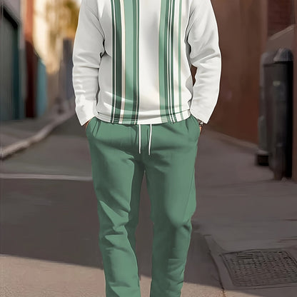 Men's Casual Fashion Round Neck Sweatshirt & Joggers Set - Polyester, Machine Washable, Printed Design for Spring/Fall
