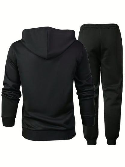 Men's Two-Piece Sportswear Suit: Zipper Hoodie + Sweatpants Set, Spring/Autumn Solid Color Regular Long Sleeve Zipper Hoodie with Drawstring, Threaded Trousers, Casual Sportswear Two-Piece Set