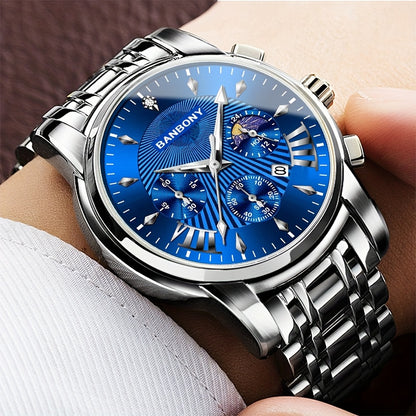 BANBONY Automatic Quartz Watch for Men & Women - Stainless Steel Strap, Blue & Golden HD Large Dial, IPX7 Waterproof, Rhinestone Accents, Date Calendar, Luminous Hands - Casual Fashion Unisex Watch for Birthday Holiday Gifts,