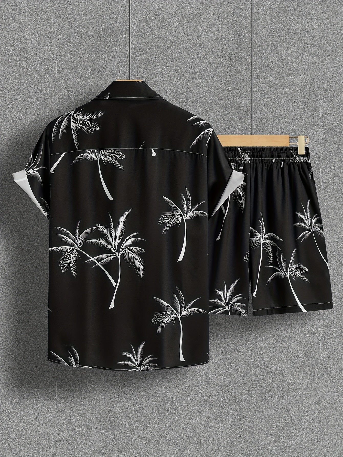 Coconut Tree Print, Men's 2Pcs Outfits, Casual Camp Collar Lapel Button Up Short Sleeve Shirts Hawaiian Shirt And Drawstring Shorts Set For Summer, Men's Clothing
