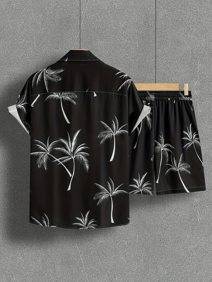 Coconut Tree Print, Men's 2Pcs Outfits, Casual Camp Collar Lapel Button Up Short Sleeve Shirts Hawaiian Shirt And Drawstring Shorts Set For Summer, Men's Clothing