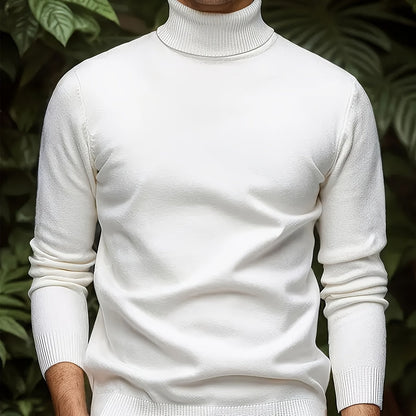 Men's Sleek Light Blue Turtleneck Sweater - Casual Knit Pullover with Ribbed Cuffs, Long Sleeves for Fall/Winter, Soft Viscose Blend