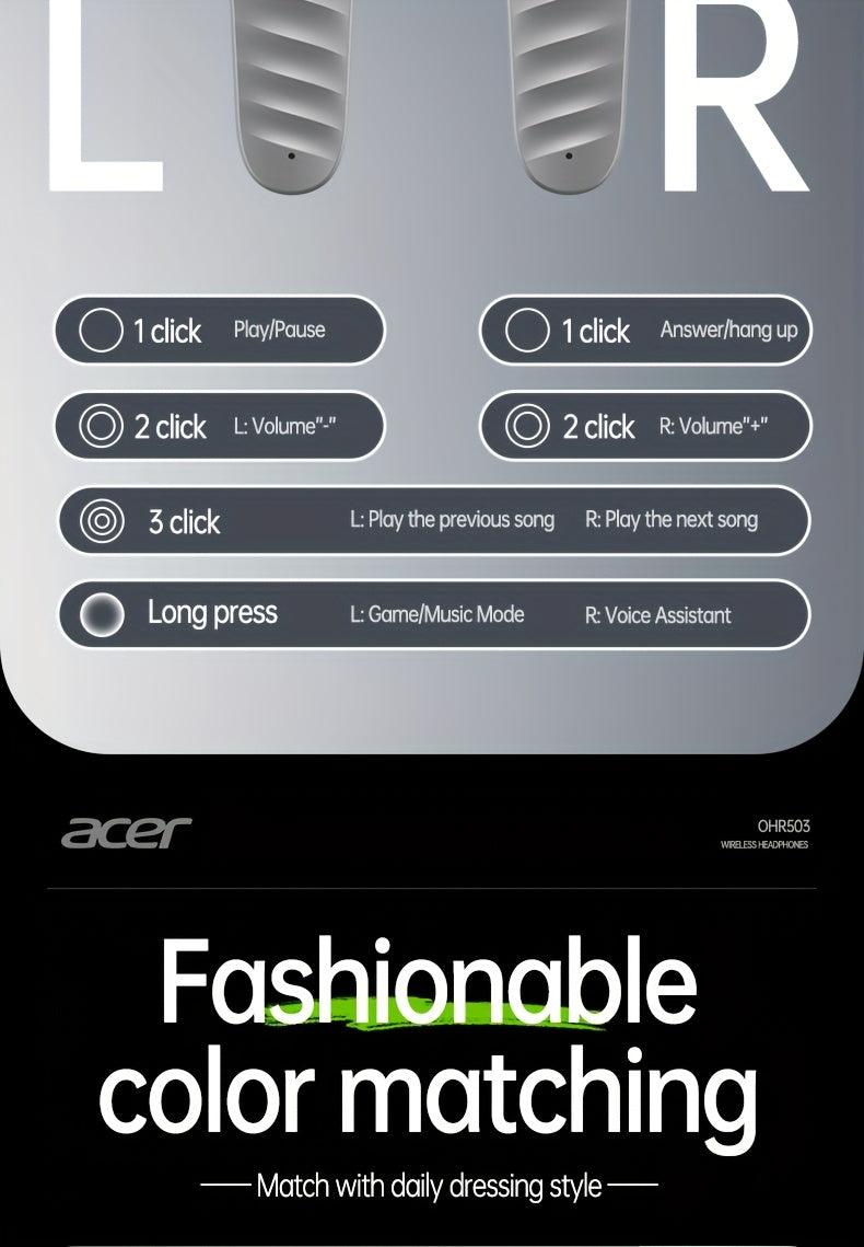30 ժամյա անլար ականջակալներ Acer OHR503 Mini Sport անլար ականջակալներ | Անլար ստերեո, երկար 30 ժամյա սպասման ռեժիմ, աղմուկի մարում, հարմարավետ կրելու համար | Համընդհանուր չափս, վերջին մոդել, հպումային կառավարում
