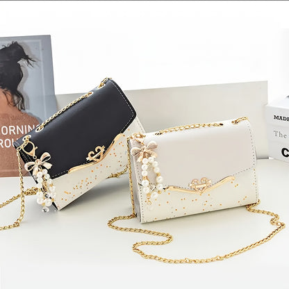 Women's Glitter Crossbody Bag with Accents & Detachable Chain Strap - Small Square Shoulder Bag, Magnetic Closure, Golden-Tone Hardware, White//Red/Black for Casual & Formal Occasions, Crossbody Purse, Versatile Accessory, Ev