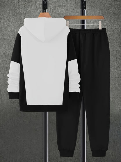 Men's Autumn Color-Blocked Zip-Up Hoodie with Side Pockets And Solid Color Drawstring Long Pants Set.