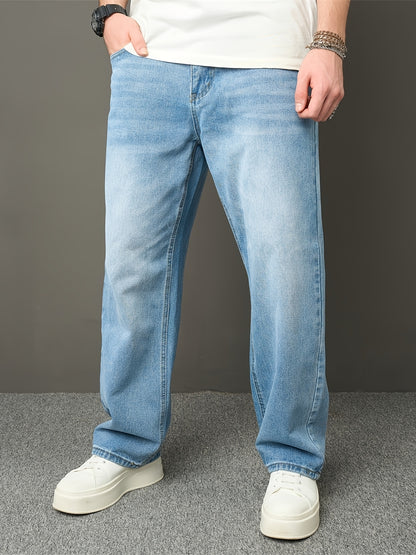 Men's High Street Fashion Solid Color Loose-Fit Denim Jeans, Casual Straight Leg Pants with Raw Wash Detail, Non-Stretch Fabric, All-Season Basic Style, Allseason Jeans | Classic Blue Jeans | Durable Jeans Construction